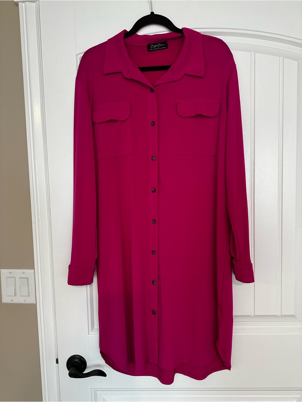 Brigitte Brianna Wrinkle  Free Fuchsia Long-Sleeve Button Shirt Dress